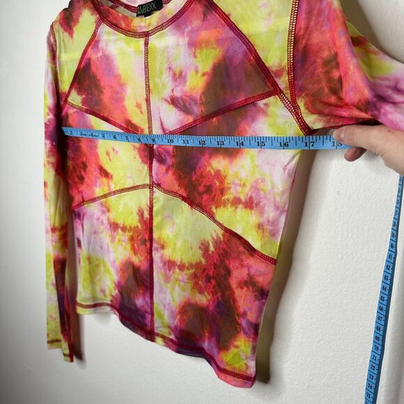 Club Exx Long Sleeve Mesh Crop and Matching Mini Skirt Tie Dye Pink Yellow Red L - Picture 10 of 13